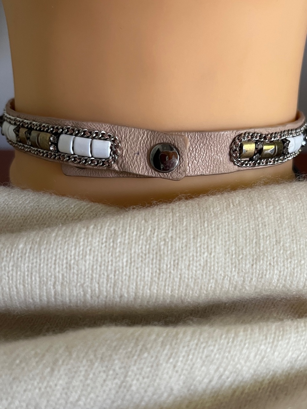 Stella and Dot Beaded Leather Choker Necklace and Bracelet - Picture 3 of 6